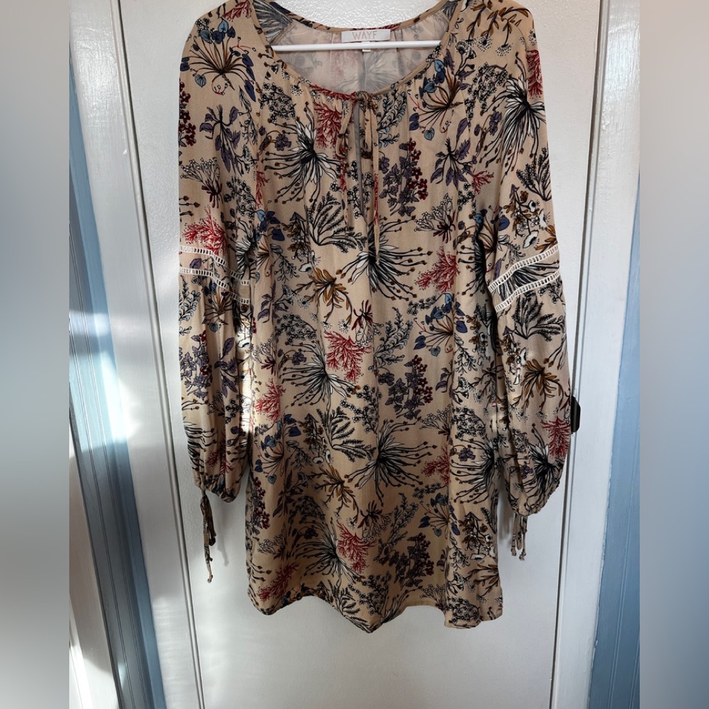 WAYF Boho print, long sleeve mini shift dress
